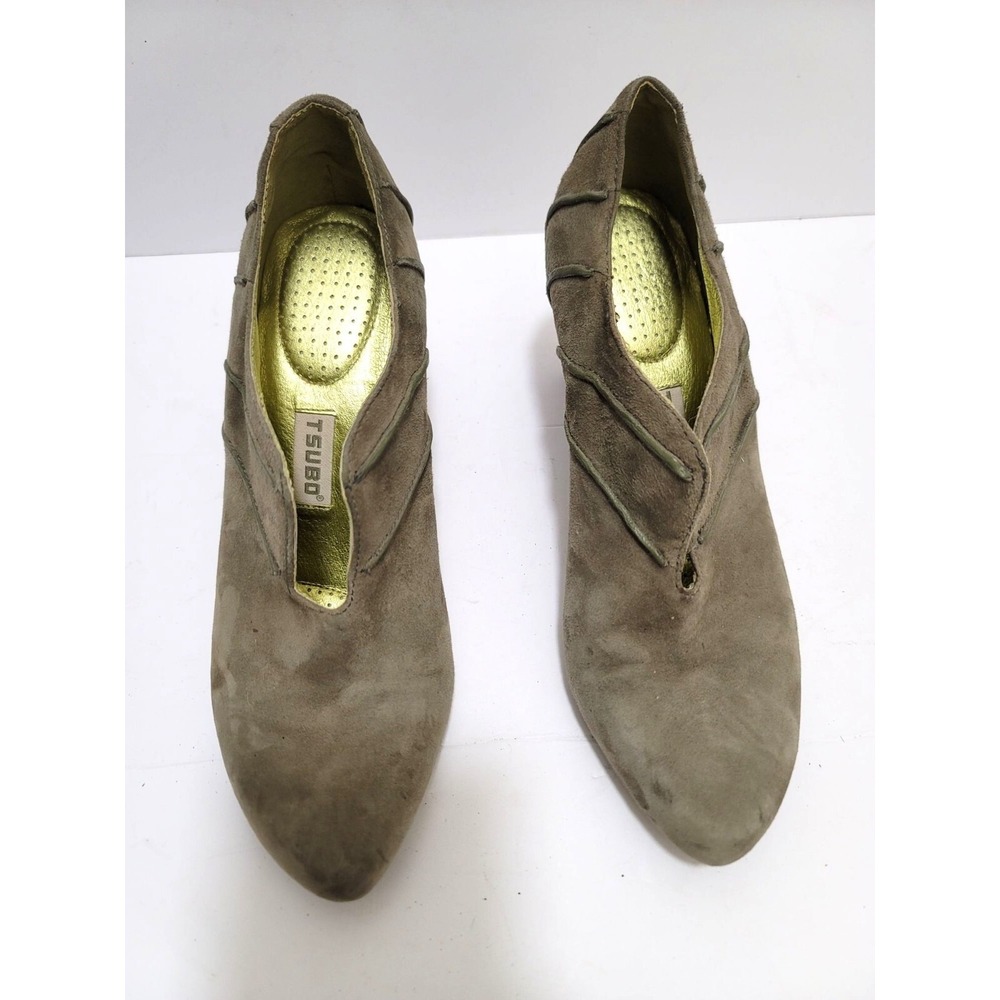 Tsubo Womens Taupe Suede Ankle‎ Booties With Unique Curved Heel Design size 7.5
